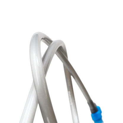 Lightweight white hose with a blue tip for hydration on mountain trails.
