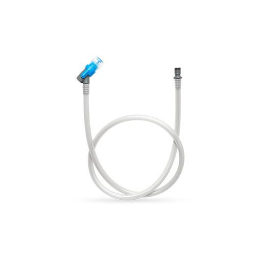 Flexible white drink tube with a blue end for outdoor hydration during adventures.