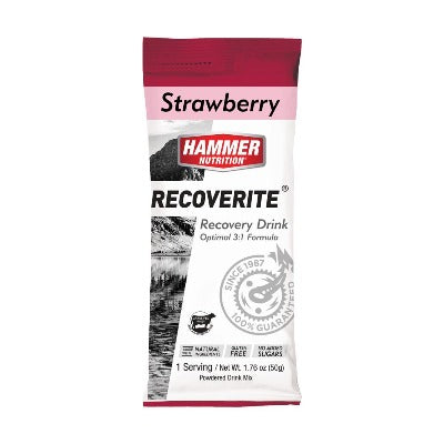 A single serving packet of recovery drink mix made by Hammer Nutrition in strawberry flavor