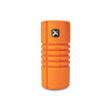 An orange TriggerPoint Grid Travel foam roller with a textured surface that mimics a skilled massage therapist's hands. It is compact and portable, perfect for travel.