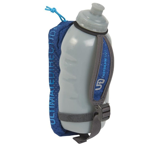 Ultimate Direction Fast Draw 500 Blue 500ml bottle with small pocket and hand strap for easy holding