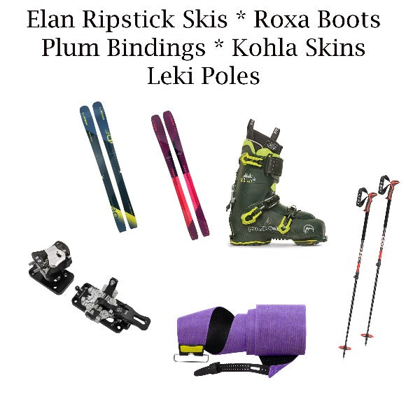 Sage to Summit Backcountry Ski Rental Package. Elan Ripstick Skis, Roxa Boots, Plum Bindings, Kohla Skins, Leki Poles