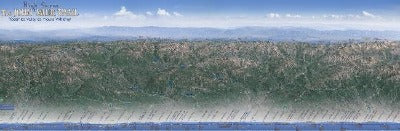 An aerial view of the sierra nevada mountian range, looking east, with Mt. Whitney on the right side at the southern most point of the JMT all the way to its northern most point at Happy Isles. 