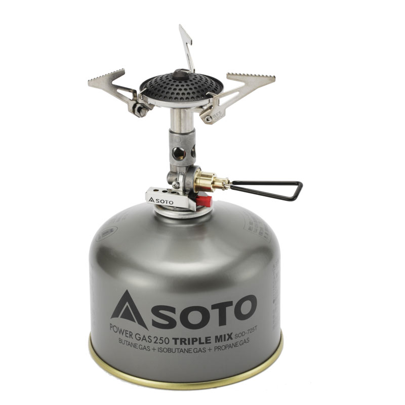 Soto Micro Regulator Stove attatched to butane gas can