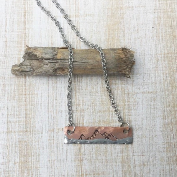 Mixed Metal Copper Bar Necklace with Mountains