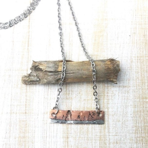 Mixed Metal Copper Bar Necklace with Trees